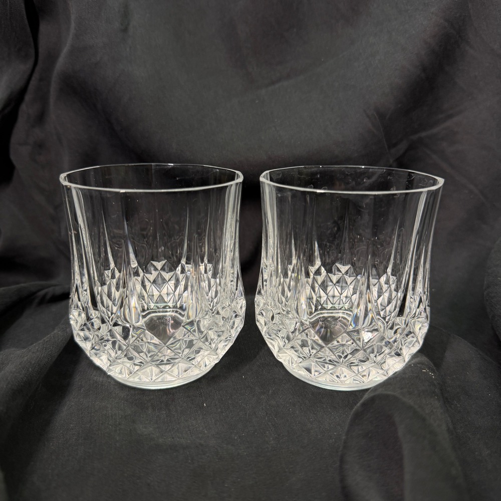Set of 2 Crystal Whiskey Rocks Glasses Diamond Cut Pattern Clear Lowball Glass